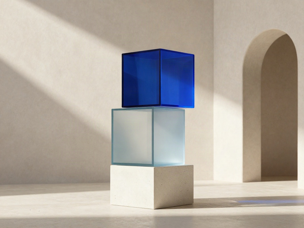 Three architectural boxes in stone, frosted glass and cobalt blue, balanced to create a new perspective