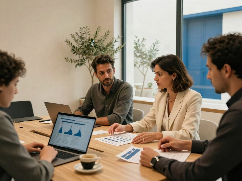 Consultants working together around a table with business reports and a laptop in a bright, contemporary meeting room